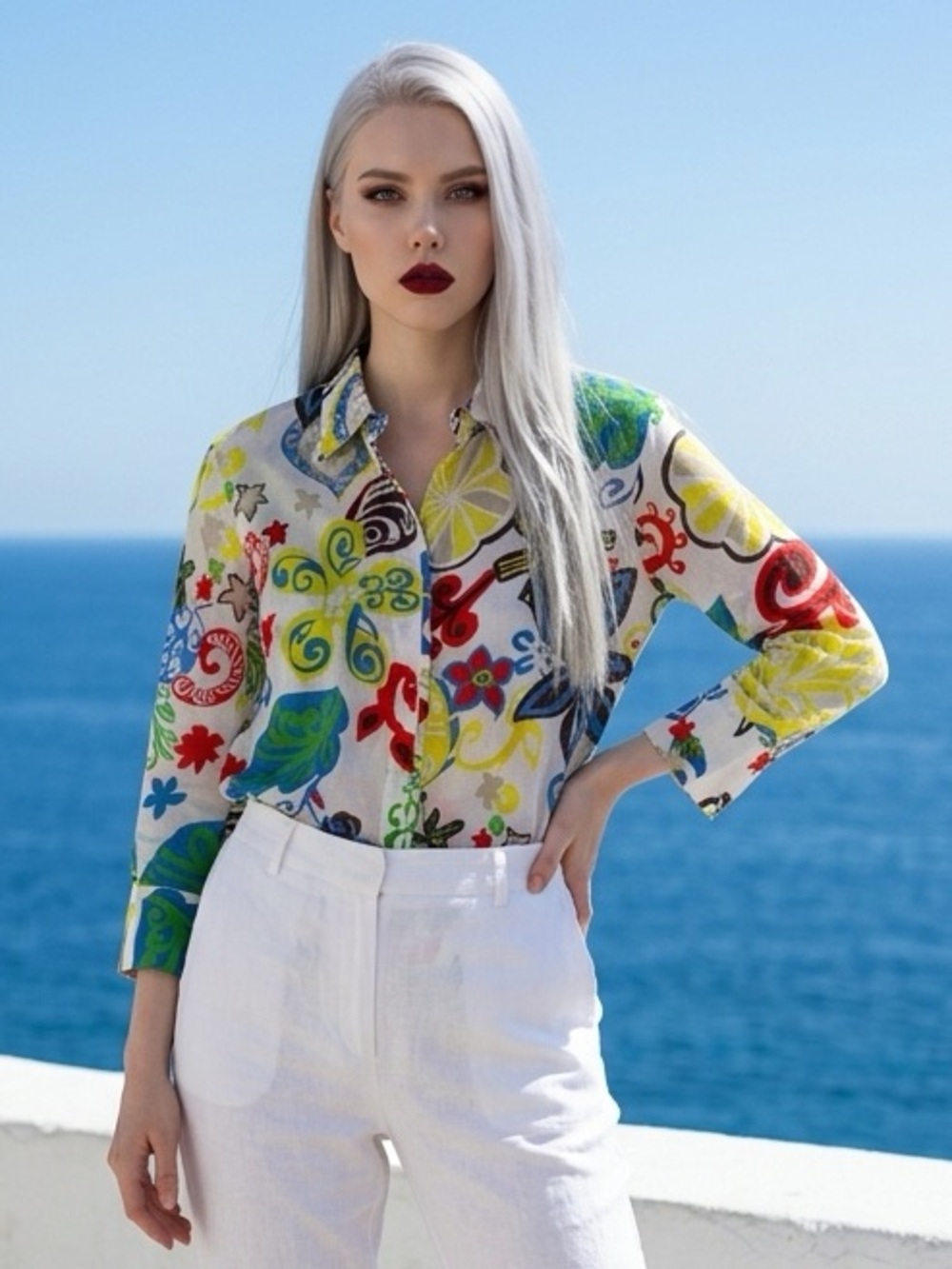 Chico’s Womens  Colorful Floral Abstract Button Front Tunic Vacation Shirt Sz 0
